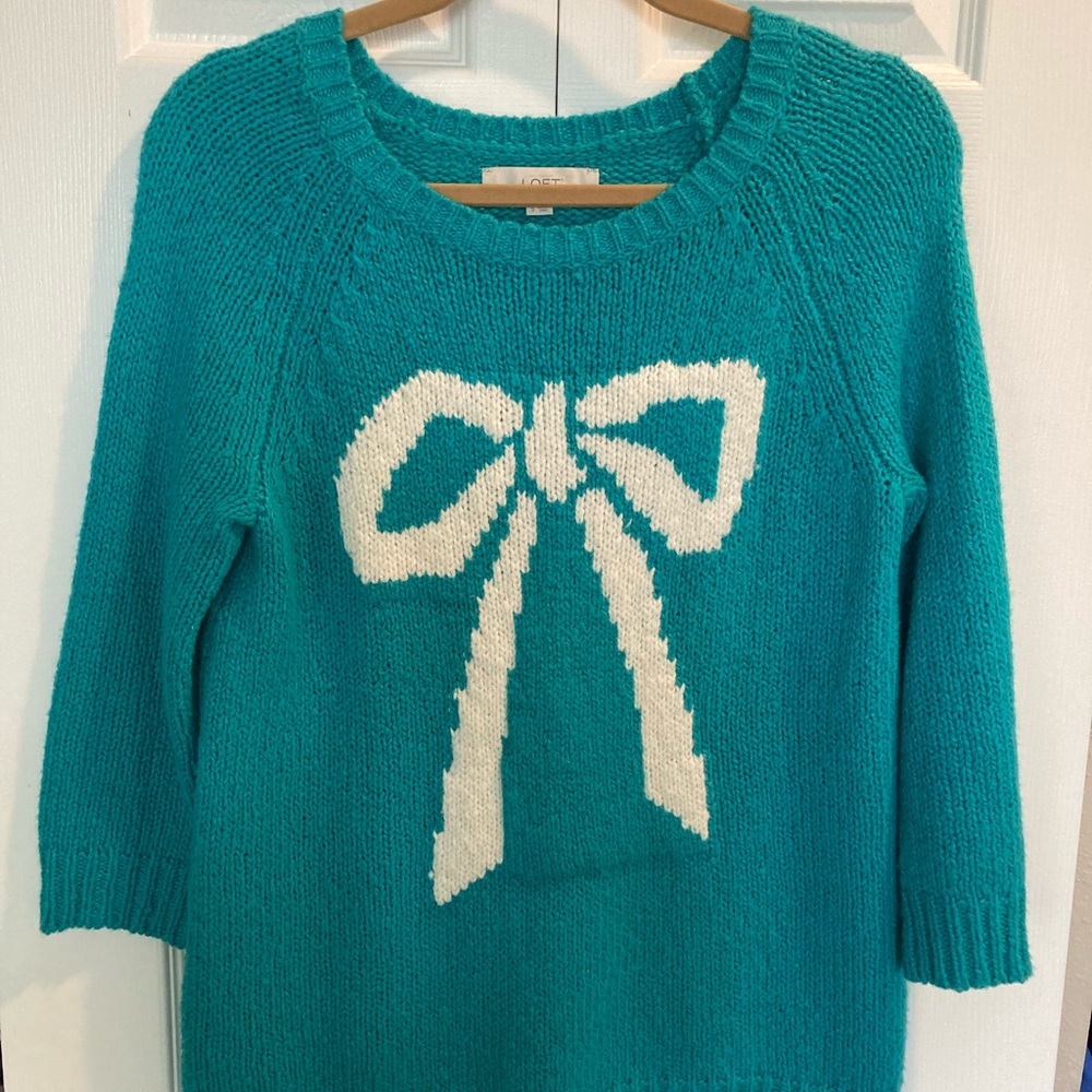 Loft teal and white bow sweater